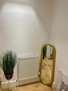a mirror in a room with a plant and a radiator at Monument Prime Location in the City of London in London