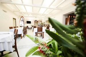 un restaurante con mesas blancas, sillas y plantas en HOTEL VULCI, en Montalto di Castro