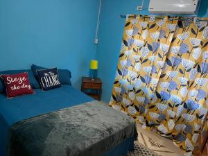 a bedroom with a bed with a blue wall at Kavi Crescent Snug Retreat 2BR with Queen bed in Petit Valley