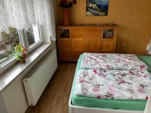sypialnia z łóżkiem i komodą oraz 2 oknami w obiekcie Kipsenblick w mieście Kreischa