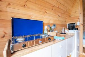 a large flat screen tv in a kitchen with wooden walls at Tiny Camping Pod in Warmond