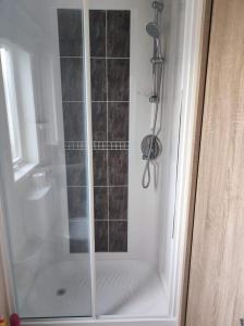 a shower with a glass door in a bathroom at Notre Nid in Middelkerke