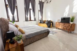 - une chambre avec un lit, une télévision et des fenêtres dans l'établissement Kossuth Loft Apartment- Best location in downtown, à Veszprém