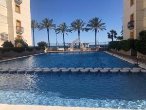 a large swimming pool with chairs and palm trees at Cal SalMaré seafront apartment with rooftop terrace and pool in Calafell