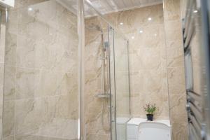uma casa de banho com um chuveiro e um WC. em Glasgow - 2 Bedroom Apartment em Glasgow