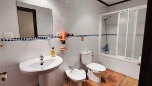 a bathroom with a white toilet and a sink at El Bosque Suites&Room By Mila Prieto in El Bosque
