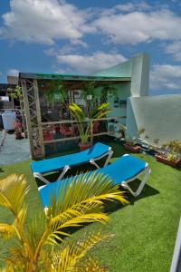 two blue chairs sitting on the grass in front of a building at Residence Parque in Santo Domingo