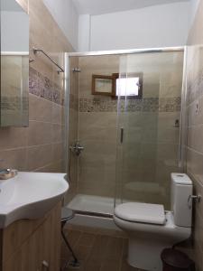 a bathroom with a shower and a toilet and a sink at Roppas Studios Nostos in Kato Gatzea