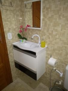 a bathroom with a white sink and a mirror at Recanto dos Amigos in Santa Teresa
