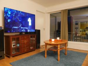 a living room with a table and a large screen television at Iancu's Residence 