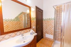 a bathroom with a sink and a mirror and a shower at Vista Mare Apartment 6 in Olbia