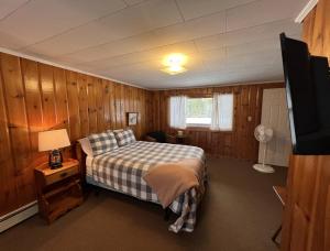 a bedroom with a bed and a tv in it at Unity Sky Lodge in Jackman