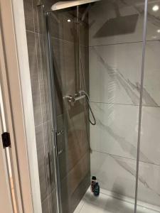 a shower with a glass door in a bathroom at 011- One bedroom in Ealing F3 in Ealing