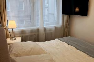 ein Bett in einem Schlafzimmer mit einem Fenster in der Unterkunft Lovely Flat RELAX near City Center in Nürnberg