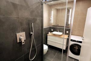 ein Bad mit einer Dusche, einem WC und einem Waschbecken in der Unterkunft Lovely Flat RELAX near City Center in Nürnberg