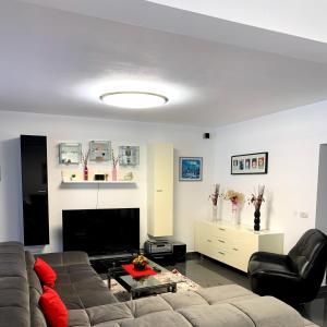 uma sala de estar com um sofá e uma televisão em Casa Erma em Moisei