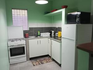een kleine keuken met witte apparatuur en groene muren bij Paradis Caché - Confort Terrasse - Kybo Karaib Location - pkg - Mtgne in Sainte-Marie