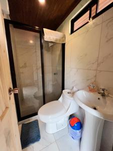 a bathroom with a toilet and a shower and a sink at Casa Tucan Glamping in Turrialba