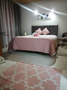 1 dormitorio con cama rosa y alfombra rosa en NATURE e SPA AL - Termas Saúde e Beleza, Totalmente Renovado - Piscinas Municipais em frente - Epoca Julho a Setembro en São Pedro do Sul
