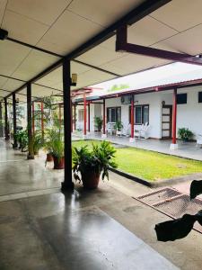 une cour vide avec des plantes dans un bâtiment dans l'établissement Hotel Del Aserradero, à Liberia
