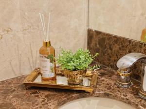 a bathroom sink with a bottle and a plant on a tray at Luxuoso Studio 2007 Laje de Pedra Gramado Canela in Canela +37 photos