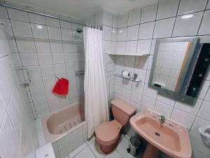 a bathroom with a pink toilet and a sink at Hotel Plaza Colon in Arica +65 photos