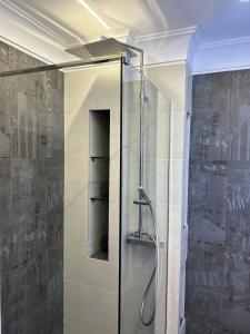a shower with a glass door in a bathroom at Maia Grand Studio Bucharest in Bucharest