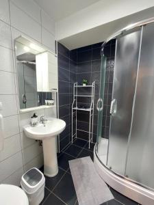 La salle de bains est pourvue d'une douche, d'un lavabo et de toilettes. dans l'établissement Dzusy Apartments, à Ohrid