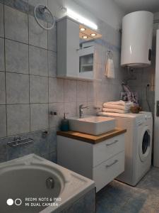 a bathroom with a sink and a washing machine at Chrysanty's tea house in Kalabaka