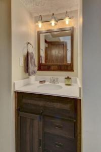 a bathroom with a sink and a mirror at Beautiful Midtown Retreat, Hot Tub, Blackstone,cws in Omaha