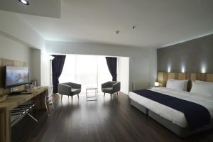 a bedroom with a bed and a desk and a television at En Otel Karaca in Eskisehir +75 photos