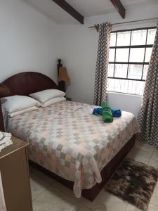 Un dormitorio con una cama con una toalla verde. en Lendal APT, en Saint James