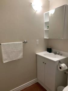 Baño blanco con lavabo y espejo en Cozy 1-bedroom in Bauer Terrace next to Citadel, en Halifax