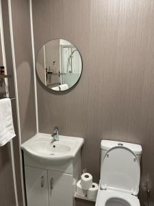 a bathroom with a sink and a toilet and a mirror at Bella Casa two in Largs