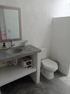 a bathroom with a sink and a toilet and a mirror at Casa de Recreo - Vacation House in Honda