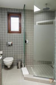 a bathroom with a shower and a toilet and a sink at Pensiunea Terra in Bistriţa