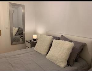 a bedroom with a bed with pillows and a mirror at Appartement Premium Le Marquis in Pfastatt