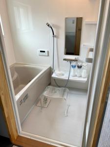 冰見的住宿－オーシャンリゾートshimaoドリームbeach，带浴缸、水槽和镜子的浴室