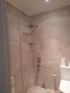 a bathroom with a shower with a glass door at Turkish Mountain Retreat in Saadet +31 photos