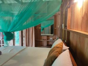 een slaapkamer met een bed met een blauwe baldakijn bij Relax House in Ko Phayam +65 foto's