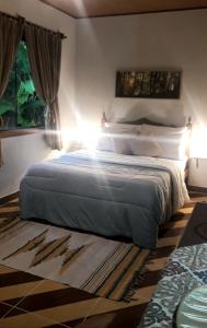 a bedroom with a large bed and a rug at POUSADA CHALÉS DA GROTA de SÃO PEDRO DA SERRA- NOVA FRIBURGO in Nova Friburgo