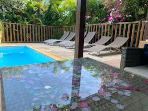 聖弗朗西斯的住宿－Titalee Lodge 3 Villas autour d'une piscine，玻璃桌、椅子和游泳池
