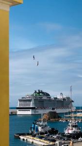 un navire de croisière amarré dans un port avec des bateaux dans l'établissement B&B Peruzzi Rooms, à Civitavecchia