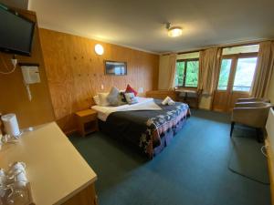 um quarto de hotel com uma cama e uma secretária em Candlelight Lodge em Thredbo