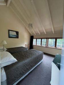 a bedroom with two beds and two windows at Arden Country House BnB in Dunedin