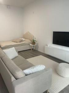 - un salon avec un canapé et une télévision dans l'établissement Yksiö loistavalla sijainnilla sekä yhteyksillä, à Vantaa