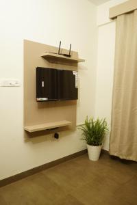 a flat screen tv on a wall with a plant at DayOne Suites Kuvempu in Bangalore