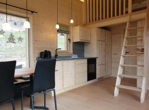 a kitchen with a table and chairs in a cabin at Ferienhäuser Stiva Pintga in Somvix +28 photos
