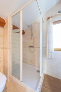 a shower with a glass door in a bathroom at Le Cerf, chalet cocooning avec piscine et billard in Ban-sur-Meurthe-Clefcy