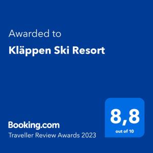 Palkinto, sertifikaatti, kyltti tai muu asiakirja, joka on esillä majoituspaikassa Kläppen Ski Resort